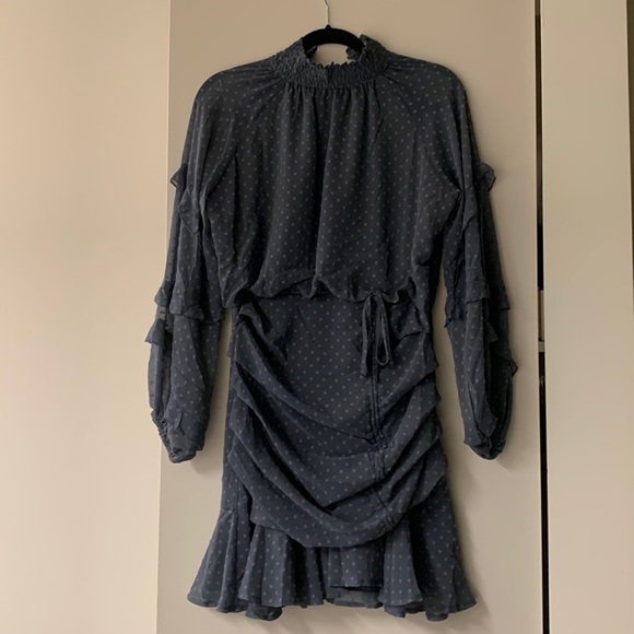 Dusty blue polka dot mock neck dress w/ zip side and tie to scrunch or lengthen - Picture 1 of 4